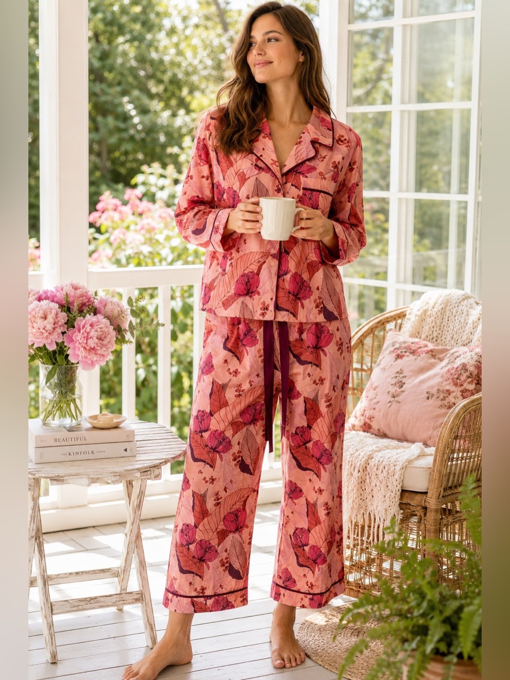 Mersea Rosewood Floral Cotton Pajama Set XL Botanical Lounge Sleepwear